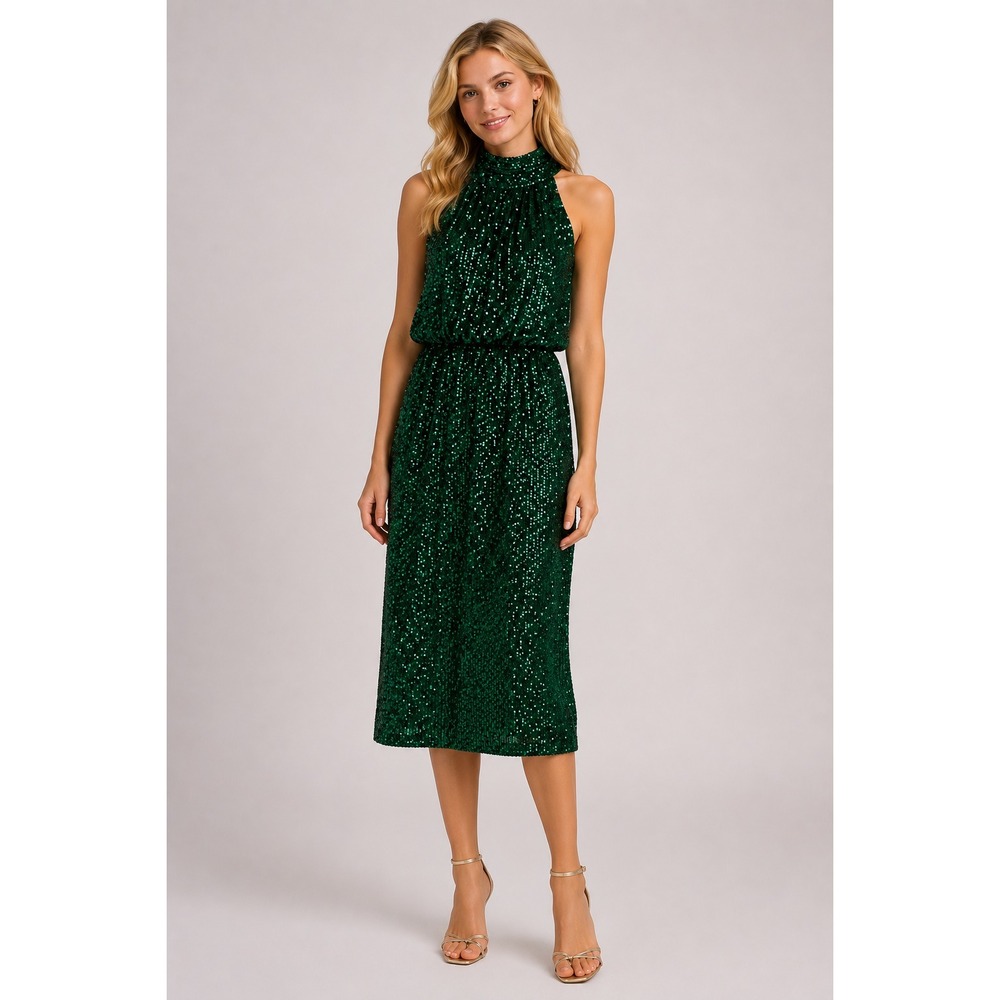 Eliza J Sequin Dress Womens 4 Emerald Green Halter Mock Neck Cocktail Midi‎